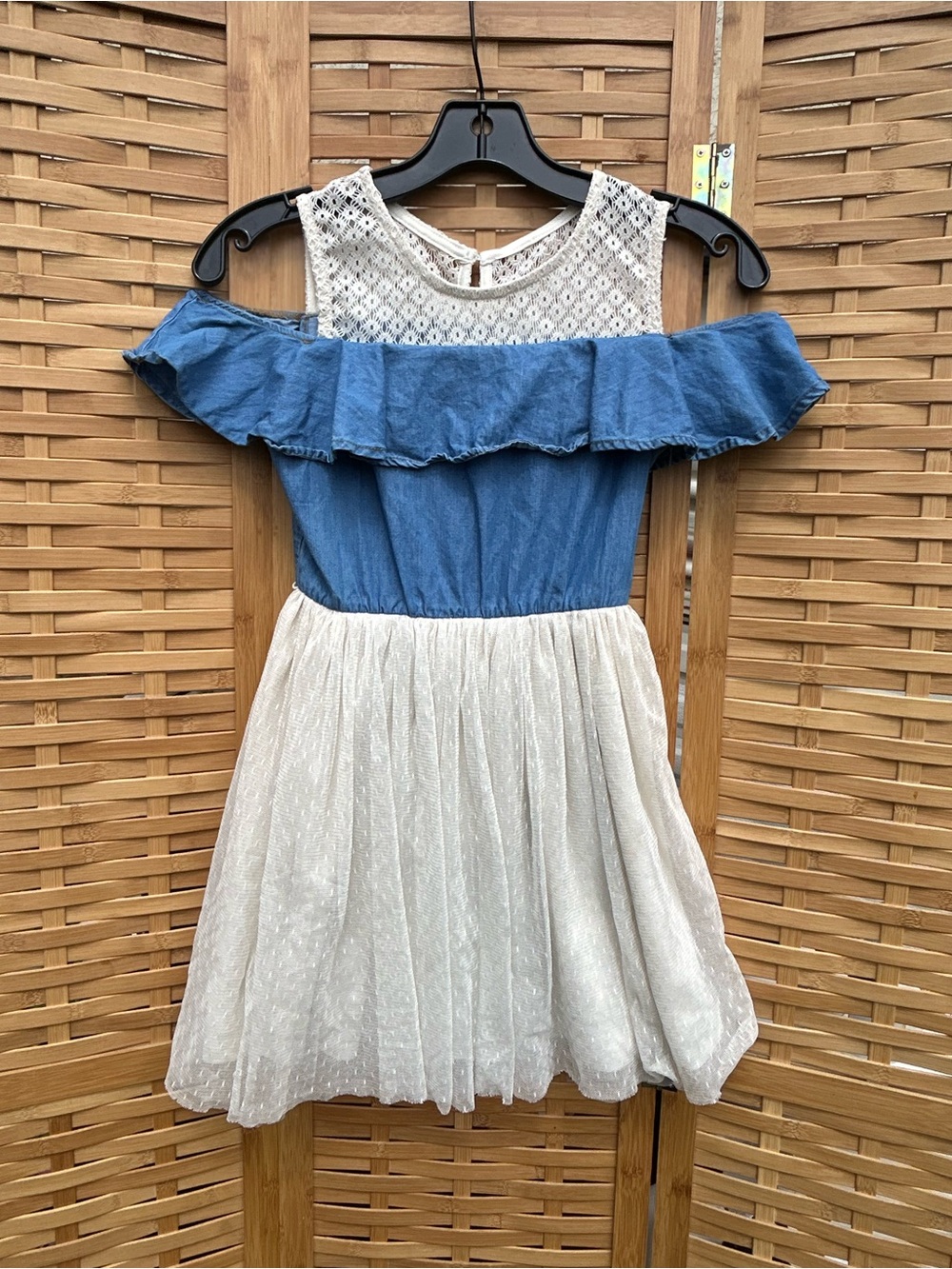 🔥3/$8- Blue and Cream Off-Shoulder Lace Party Dress